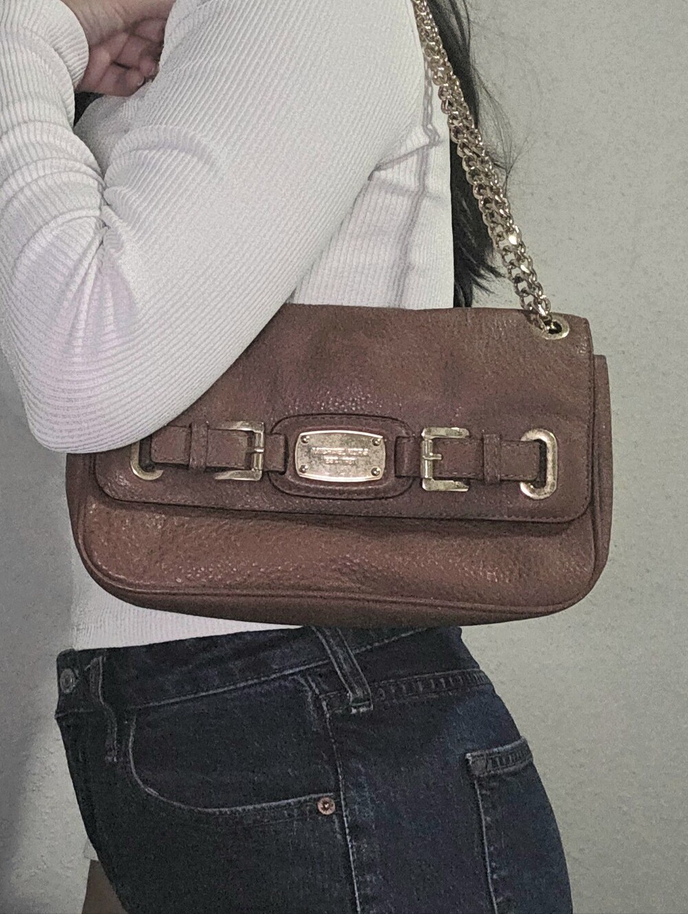 Michael Kors Brown Leather Shoulder Bag with Gold Chain